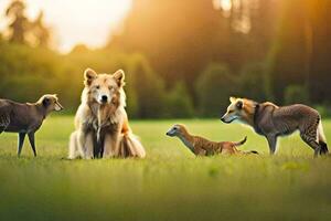 un perro y dos pequeño animales en un campo. generado por ai foto