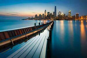 a long pier with a city skyline in the background. AI-Generated photo