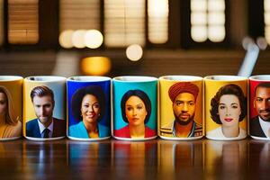 the coffee mugs are lined up with different people. AI-Generated photo