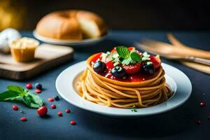 spaghetti with tomatoes and basil on a plate. AI-Generated photo