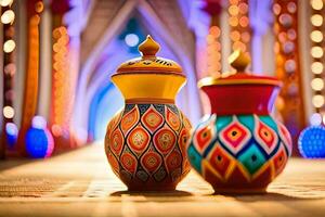 two colorful vases are sitting on a floor. AI-Generated photo