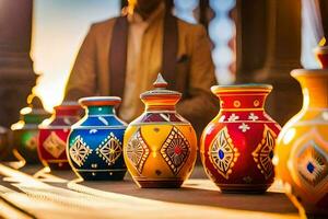 a man is standing in front of colorful vases. AI-Generated photo