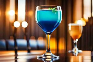 blue cocktail in a glass on a table. AI-Generated photo