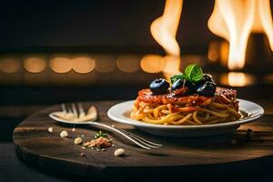 spaghetti with tomato sauce and blueberries on a plate. AI-Generated photo