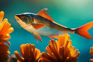 a fish swimming in the ocean with orange flowers. AI-Generated photo