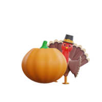 3D Thanksgiving turkey hiding behind a big pumpkin png