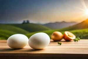 two eggs on a table with a view of the mountains. AI-Generated photo