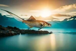 un pescado es nadando en el agua a puesta de sol. generado por ai foto