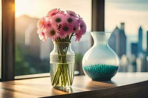 a vase with pink flowers sitting on a table with a city view. AI-Generated photo