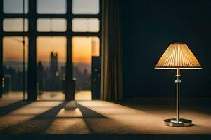 a lamp is sitting on a table in front of a window. AI-Generated photo