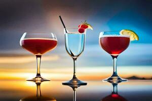 three glasses of different drinks with sunset in the background. AI-Generated photo