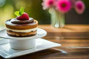 un chocolate pastel con fresas en cima. generado por ai foto