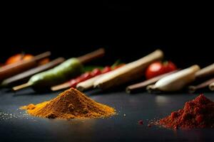 various spices and spices on a black background. AI-Generated photo