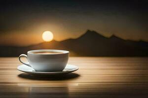 un taza de café en un mesa en frente de un montaña. generado por ai foto