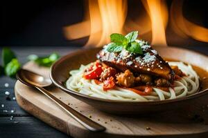 spaghetti with meat and vegetables in a wooden bowl. AI-Generated photo