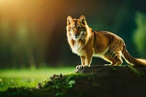 a tiger standing on a rock in the forest. AI-Generated photo