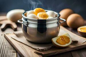 eggs in a pot on a wooden cutting board. AI-Generated photo