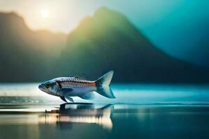 a fish is standing on the water with mountains in the background. AI-Generated photo