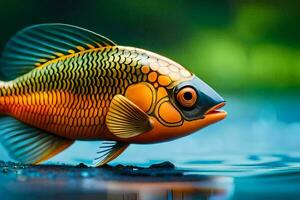 un pescado es en pie en el agua con un verde antecedentes. generado por ai foto