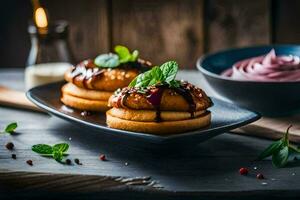 two donuts on a plate with a bowl of yogurt. AI-Generated photo