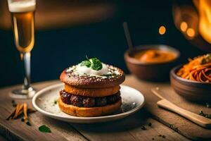 a hamburger with sour cream and carrots on a plate. AI-Generated photo
