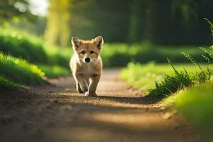 a small puppy walking down a dirt road. AI-Generated photo