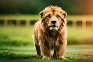 a lion is standing in the grass. AI-Generated photo