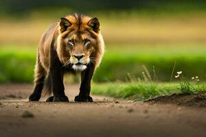 a lion walking on a dirt road in the middle of a field. AI-Generated photo