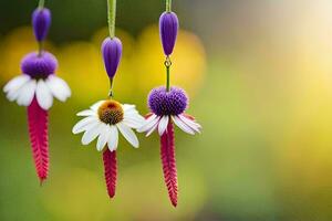 three purple and white flowers hanging from a string. AI-Generated photo