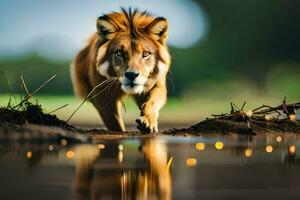 a lion walking across the water. AI-Generated photo