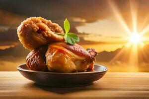 chicken in a bowl with a sunset in the background. AI-Generated photo