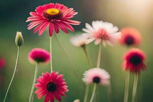 rosado flores en un campo con luz de sol brillante en a ellos. generado por ai foto