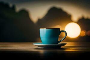 a blue cup sits on a table in front of a sunset. AI-Generated photo