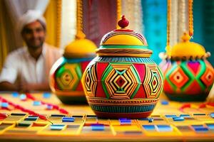 colorful vases on a table with a man behind them. AI-Generated photo