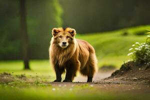 a lion standing on a dirt road in the middle of a field. AI-Generated photo