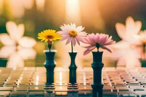 three vases with flowers sitting on a table. AI-Generated photo