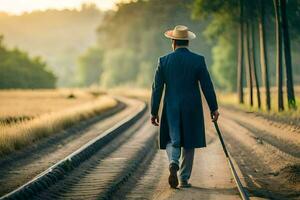 a man in a suit and hat walking down a road. AI-Generated photo