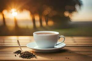 a cup of tea on a wooden table. AI-Generated photo