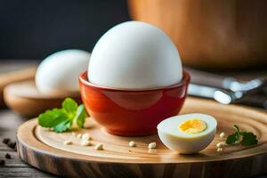 a hard boiled egg in a red bowl on a wooden cutting board. AI-Generated photo