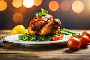 un pollo pecho en un plato con vegetales y un limón. generado por ai foto