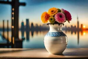 a vase with flowers sitting on a table in front of a city skyline. AI-Generated photo