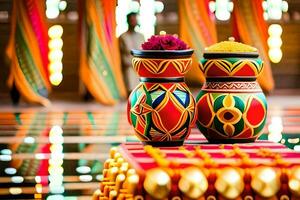 two colorful vases on a table with colorful decorations. AI-Generated photo