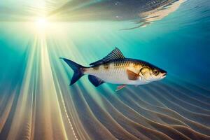 un pescado nadando en el Oceano con luz de sol brillante mediante el agua. generado por ai foto