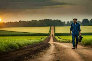 un hombre caminando abajo un suciedad la carretera con un maleta. generado por ai foto