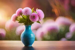 a blue vase with pink flowers on a table. AI-Generated photo