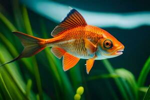 an orange fish swimming in a tank with green grass. AI-Generated photo