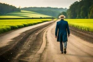 un hombre en un traje y sombrero camina abajo un suciedad la carretera. generado por ai foto