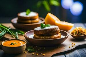 food on a wooden table with orange slices and other ingredients. AI-Generated photo