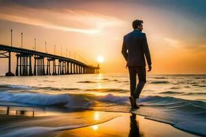 a man in a suit walks along the beach at sunset. AI-Generated photo