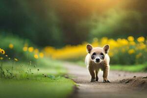 un pequeño perro caminando abajo un suciedad la carretera. generado por ai foto